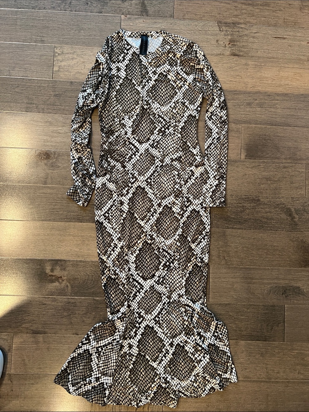 Snake-Print Midi Dress with Fluted Hem — Brown/Black